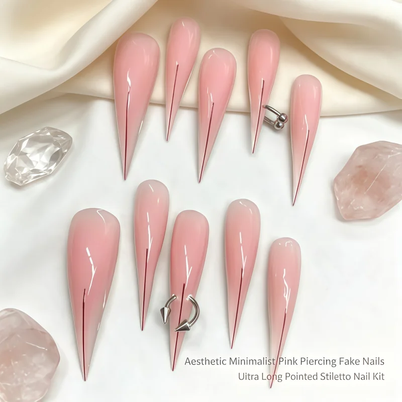 2026New 10PCS Natural nude-colored long-pointed nail stickers, paired with stainless steel nail art stud rings