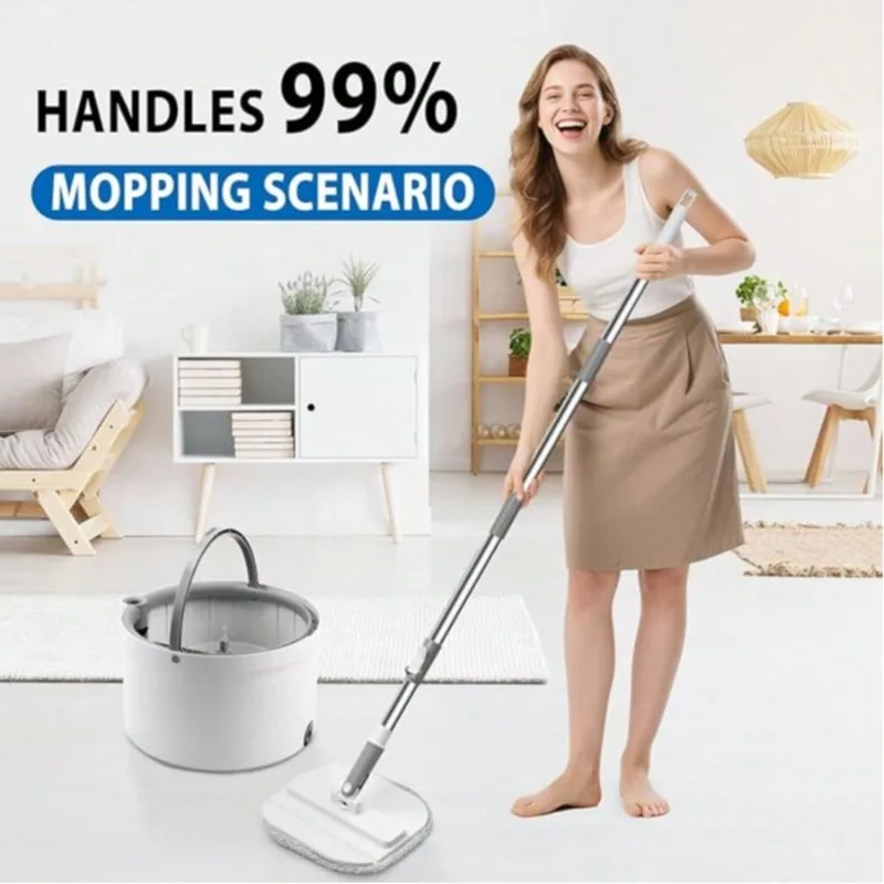 White Spin Mop And Bucket Set, Hands-Free Self-Cleaning Mop For Hardwood, Tile, Laminate Floors, 360° Rotating Head, Includes 3 Washable Microfiber Refill