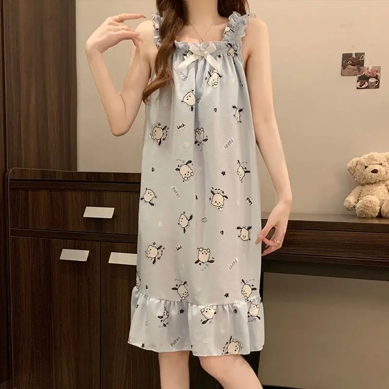 

Sanrio Pochacco Pajamas Dress Summer Sleep Nightdress Long Dresses Nightie Lady Sleeping Skirt Suspenders Night Skirt Home Suit