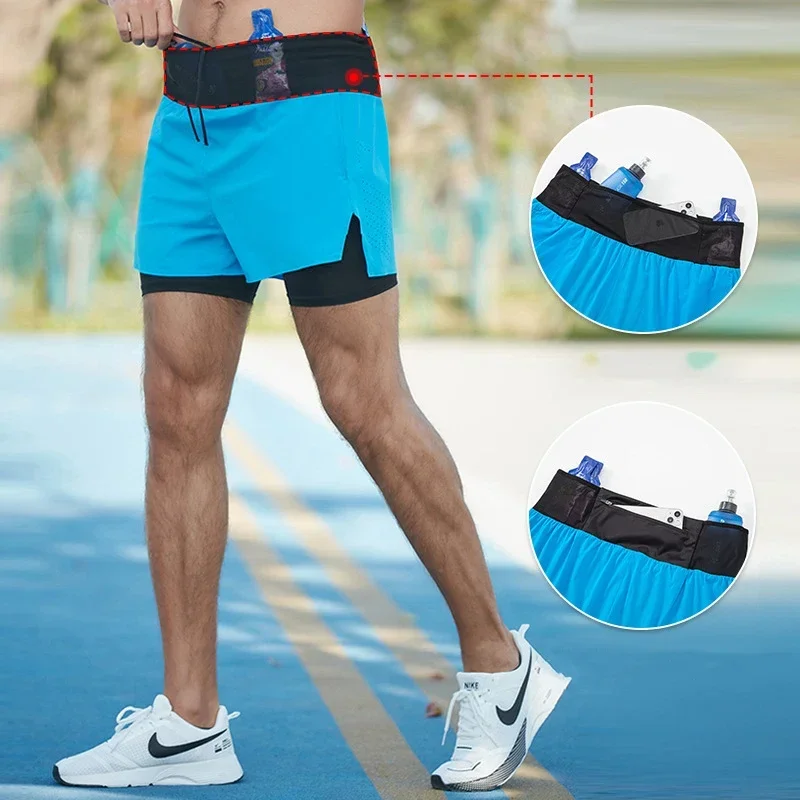 (S-2XL) Hombres Trail Running Transpirable Secado rápido Anti-rozaduras Doble capa con pantalones cortos deportivos de maratón Pantalones cortos para correr