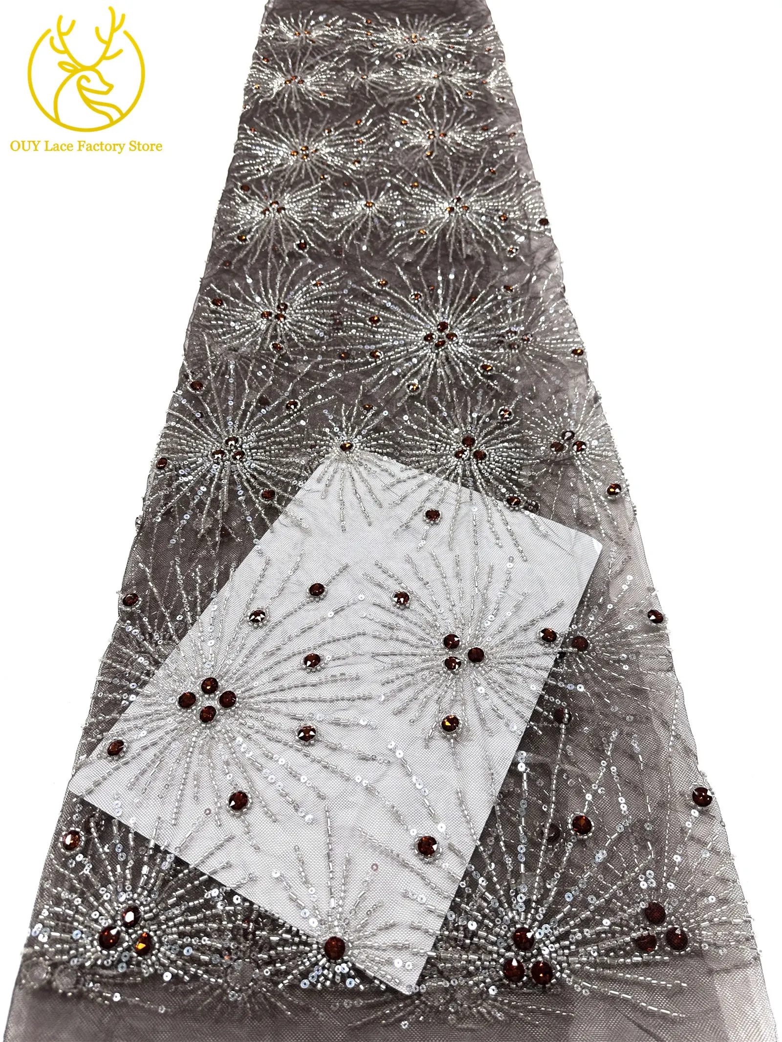 Neues Design Französische Edelstein-Spitzenstoffe 5 Meter Nigerianische Perlen-Pailletten-Spitze Afrikanischer Spitzenstoff für Hochzeitskleider – Detail 24