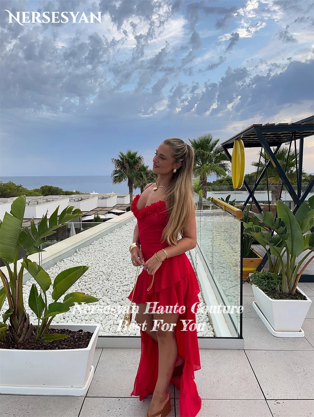 Nersesyan luxe rouge robes de bal bretelles Spaghetti fleurs 3D volants robe de soirée formelle haut/bas robes de soirée 2025 personnalisé