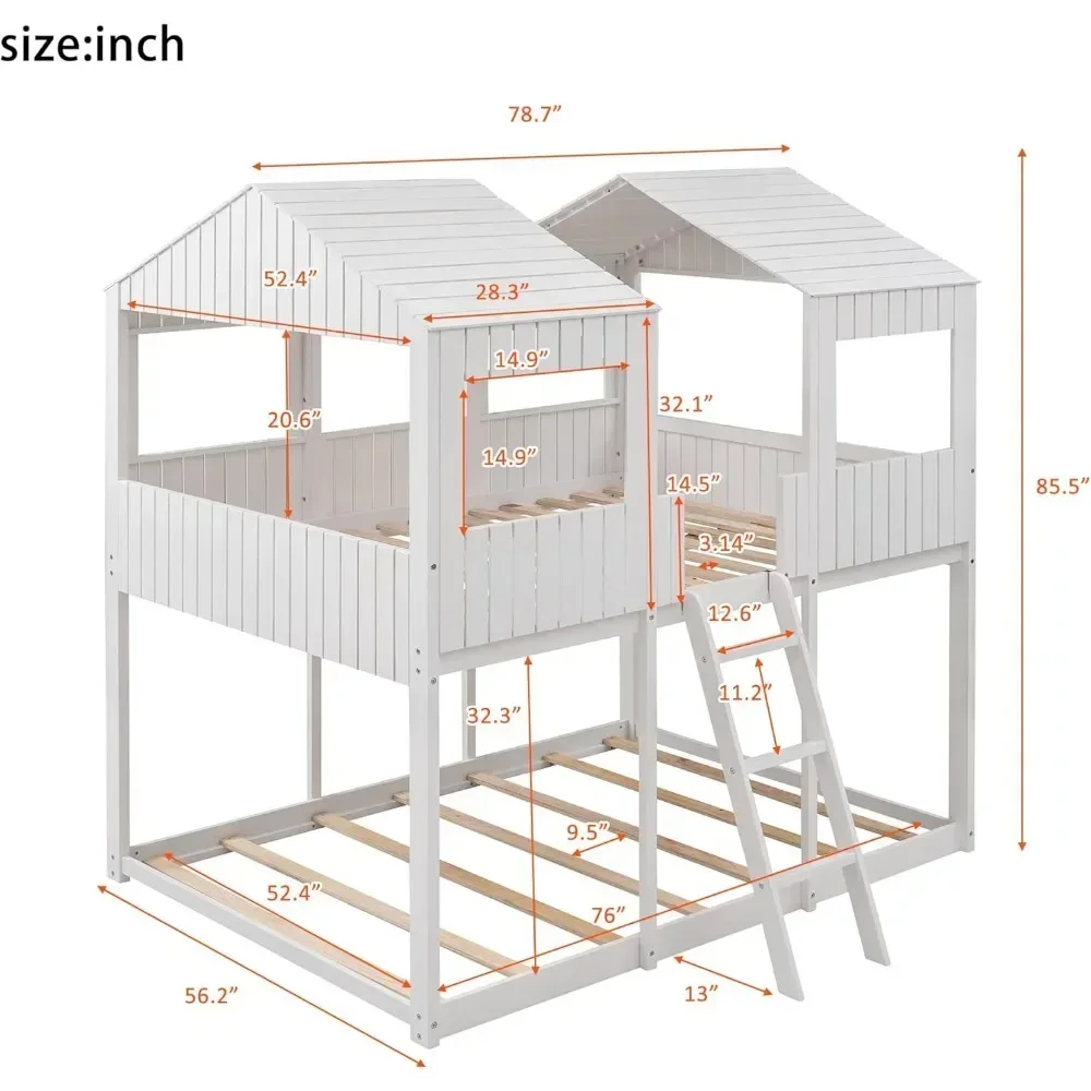 Full Over Full Bunk Bed, Wood Full House Bed Loft Bed Bedroom Furniture with Window Roof Guardrail & Ladder Bed Frames