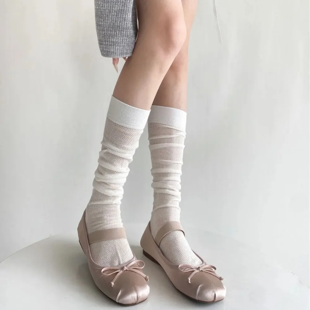 Bandage Ribbon Bow Kawaii Cute Middle Tube Socks Lolita Sweet Girls Summer Long Socks Women Ballet Styles Thin Socks Solid Color