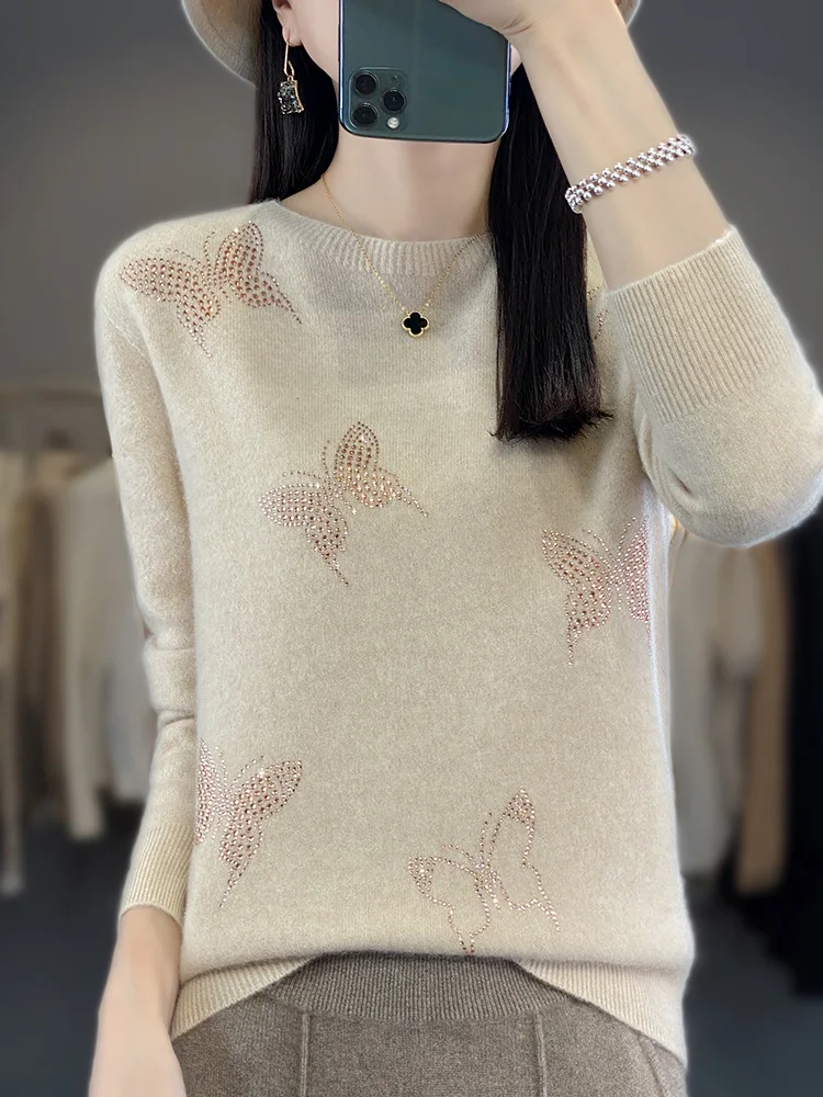 

Loose Women's Knitted Wool Sweater round Ne Long Sve Diamond Embellied Top for Autumn Winter New Arrival Korean Sle