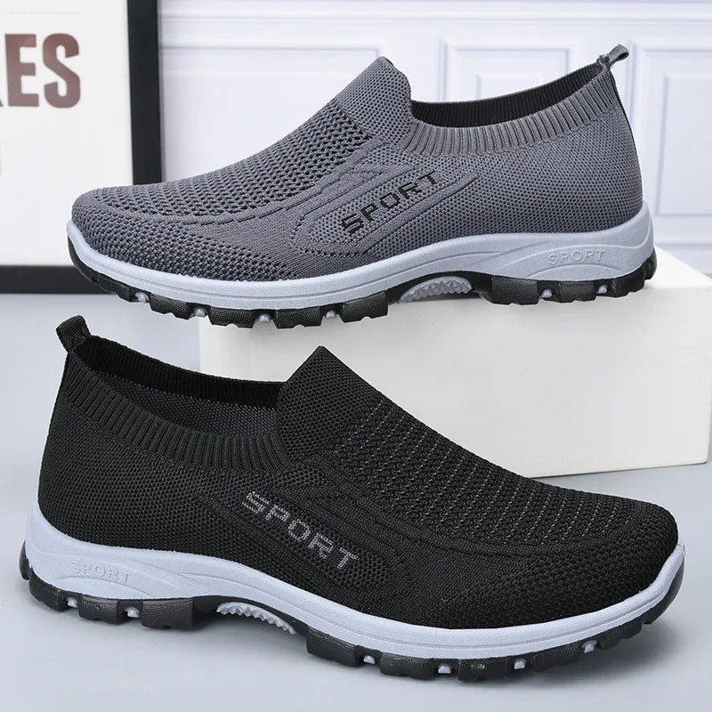Men Slip On Casual Shoes Knit Mesh Upper Breathable Non Slip Thick Sole Lightweight Walking Footwear for Elderly