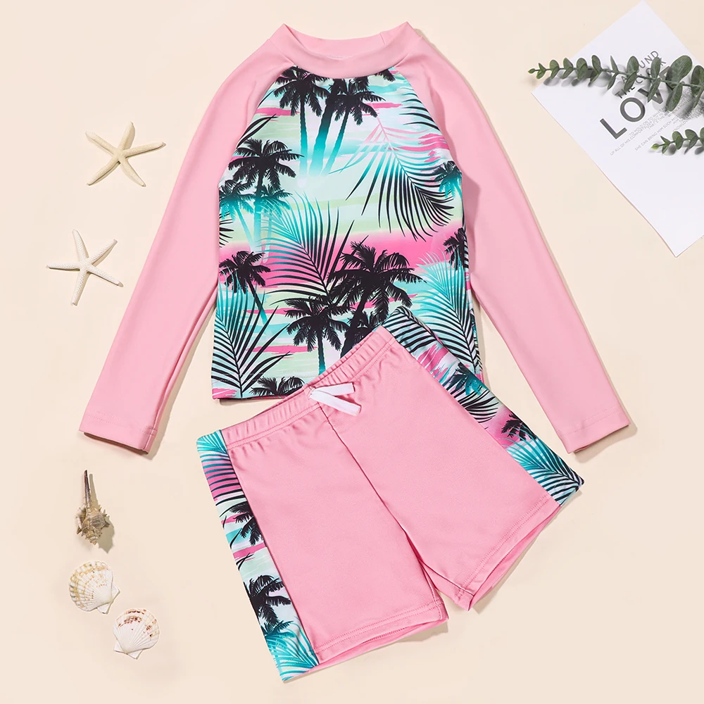 Girls Two Piece Swimwear Long Sleeve Rash Guard Shirts Quick-Dry Bathing Suit Summer Beach Wear