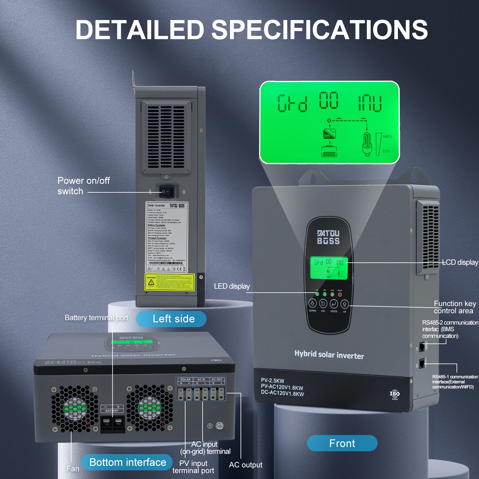DATOUBOSS 1800W 12V Off-Grid Solar Inverter 2500W Max PV Input 100A Max Charging Current Pure Sine Wave 110/120V 60Hz
