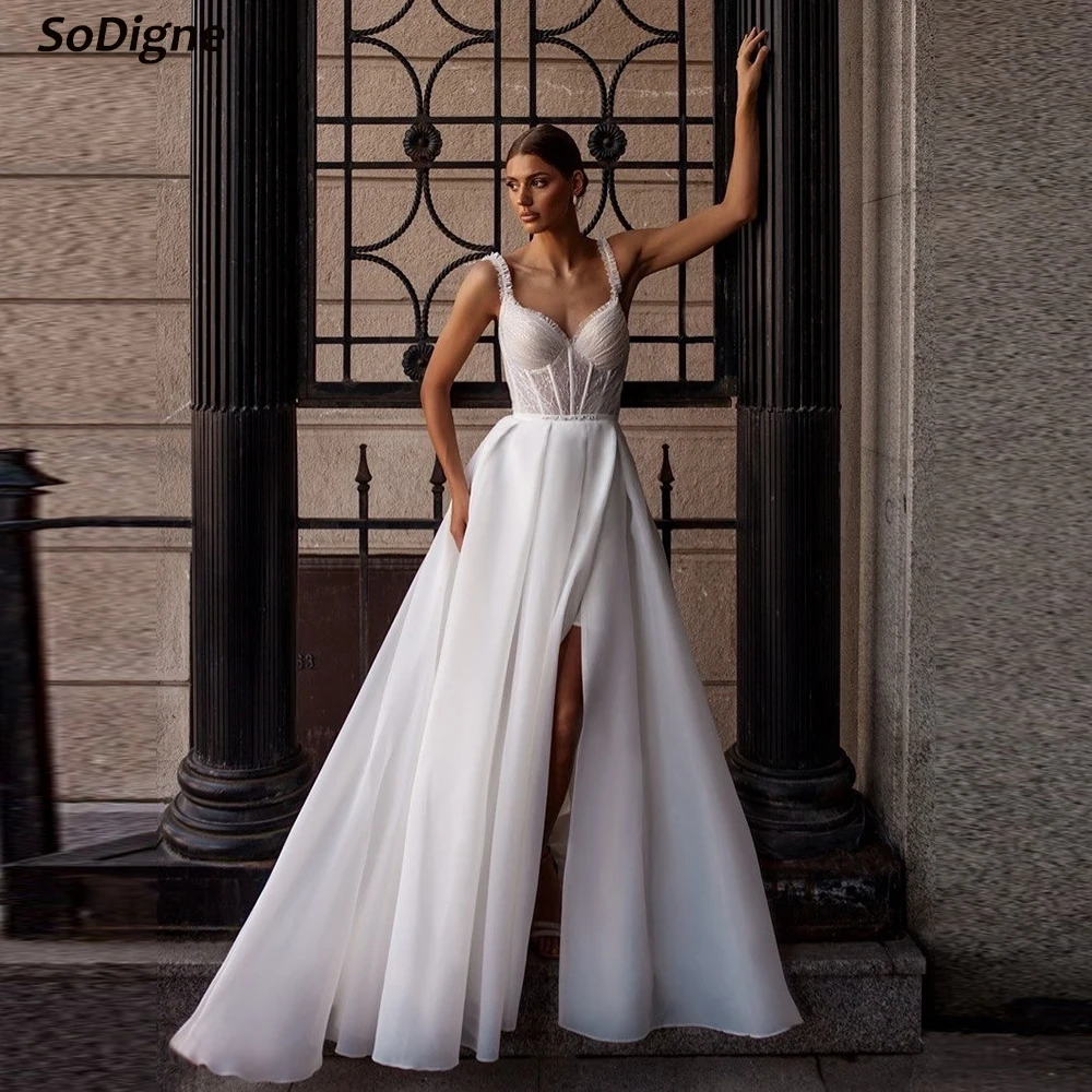 

SoDigne A-line Organza Wedding Dress Sweetheart Spaghetti Strap Bride Dresses Split Long Beach Women Bridal Gowns Customized