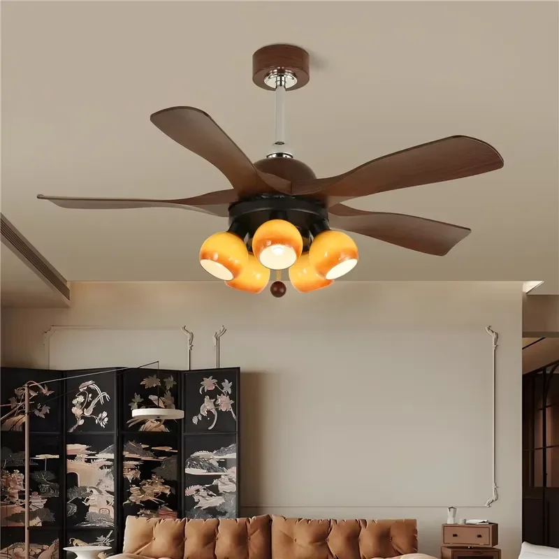 European 5 Heads Orange Glass Shade Walnut Tone ABS Blades Ceiling Fan Light for Living Room Bedroom Retro Home Decor Fan
