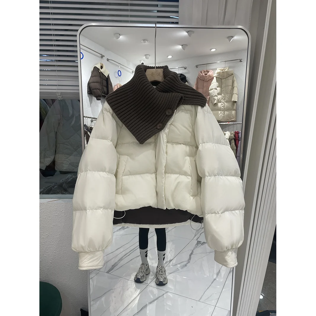 Short Down Jacket Women Clothing Winter Coat Knitted High Neck Collar Splicing Loose Solid Color Thick Quilted Coats Women Tops