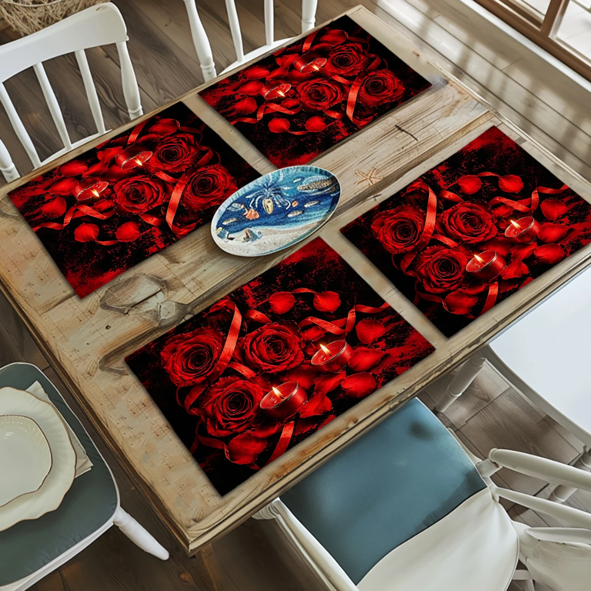 Bild 4: Rosen- und Schmetterlingsmuster Polyester-Tischsets & Untersetzer - Dekorative Tischdecken für Zuhause, Restaurant und den täglichen Gebrauch