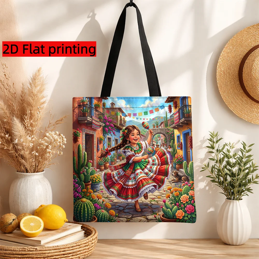 1pc Mexican Folklore Tote Bag with Colorful Girl in Traditional Dress  Multicolor Suitable for Fiesta Travel Gift for Home Decor