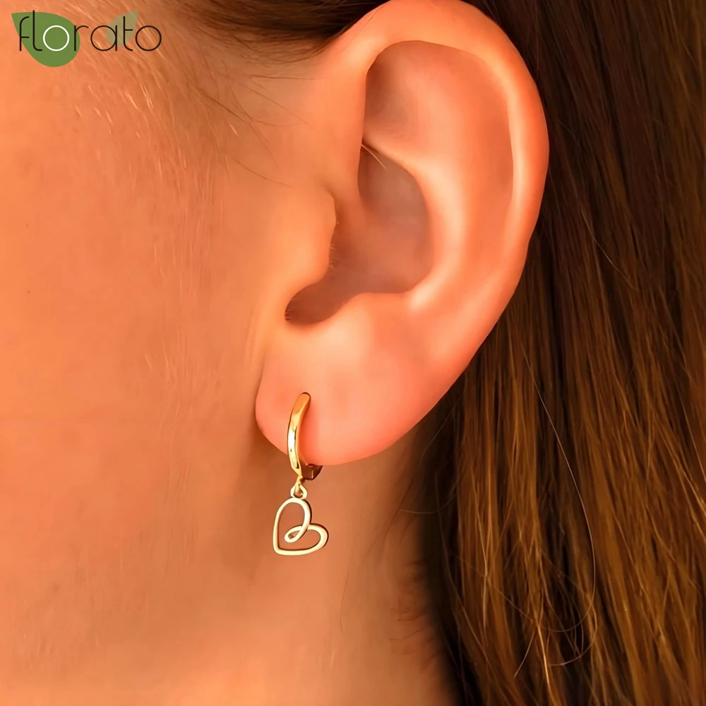 925 Sterling Silver Needle Fashion Gold Color Heart Pendant Hoop Earrings for Women Samll Earrings Daily Jewelry Gifts Wholesale