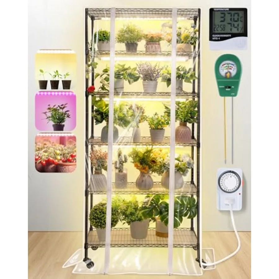 

6-уровневая металлическая полка для растений своими руками со встроенными светодиодными лампами для выращивания семян мощностью 90 Вт для запуска семян в помещении и использования в теплице в помещении В комплект входит Cov