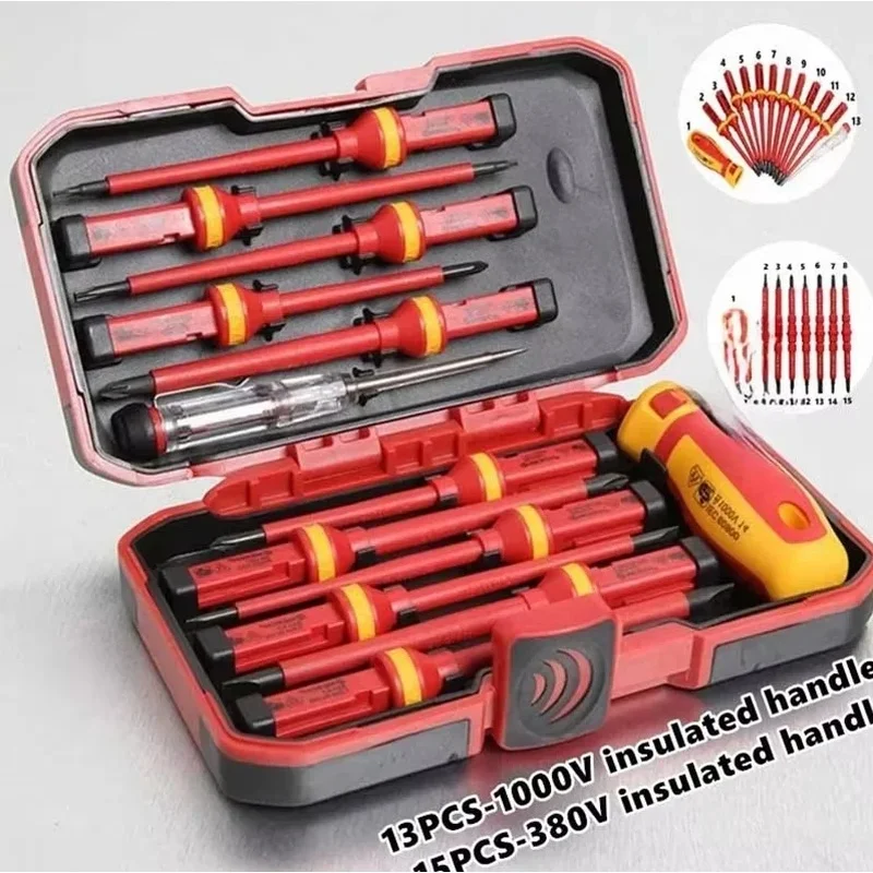 1000V VDE Insulated Electrician Screwdriver Set 8/13‑in‑1, Magnetic Interchangeable Bits for Live‑Wire Electrical Maintenance
