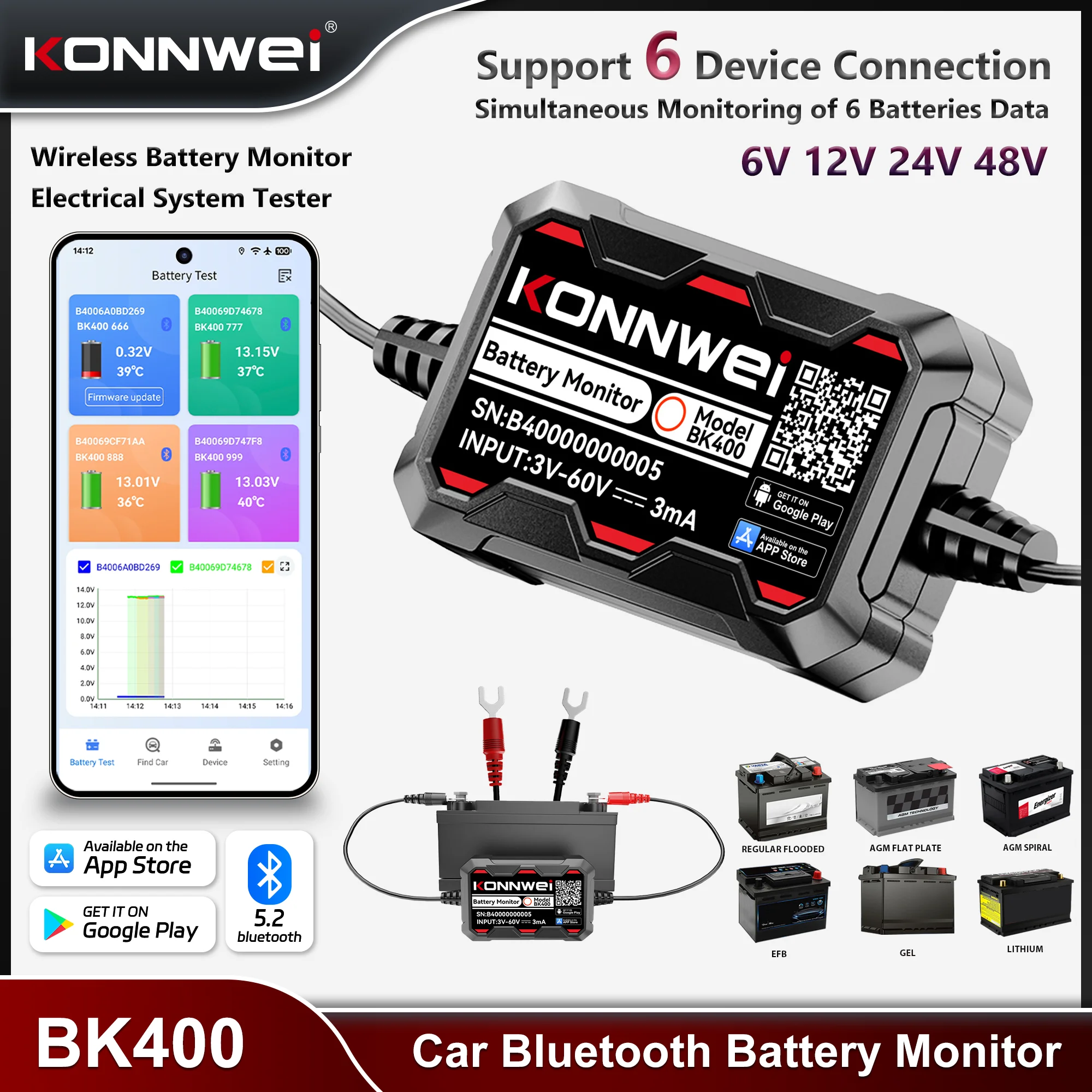 2026 KONNWEI BK400 6V 12V 24V 48V Batteriemonitor Bluetooth 5.2 Autobatterie-Gesundheitsmonitor Batterietestgerät für iOS Android