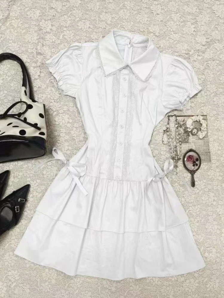 

Summer France Preppy Style Lapel Dress Women Vintage Fashion Bow Lace Up Dresses Female High Street Fashion New Ruffle Clothing