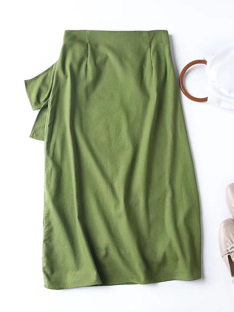 YENKYE 2022 New Women Green Linen Cotton Wrap Midi Skirt Vintage Ladies High Waist Summer Faldas  Mujer