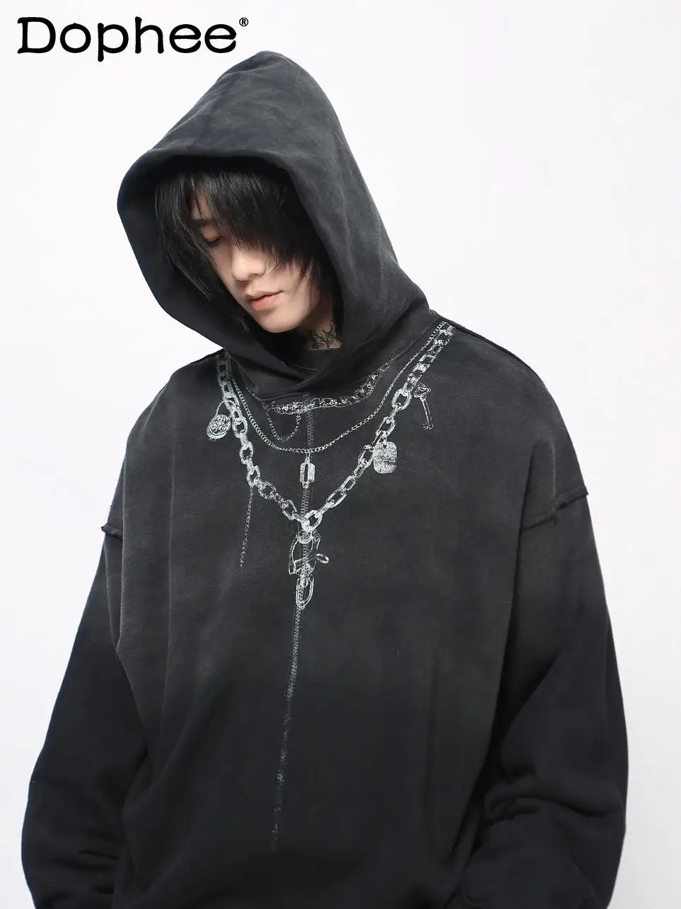 

American Retro High Street Vintage Washed Chain Print Hoodie Casual Loose Fashion Trend Hoodie for Men