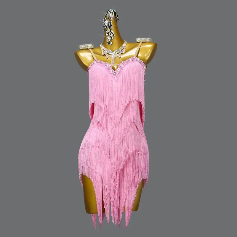 

New Professional Pink Latin Dance Dress Adult Women Ballroom Party Custom Fringed Clothing Evening Practice Wear Line Suit Salsa