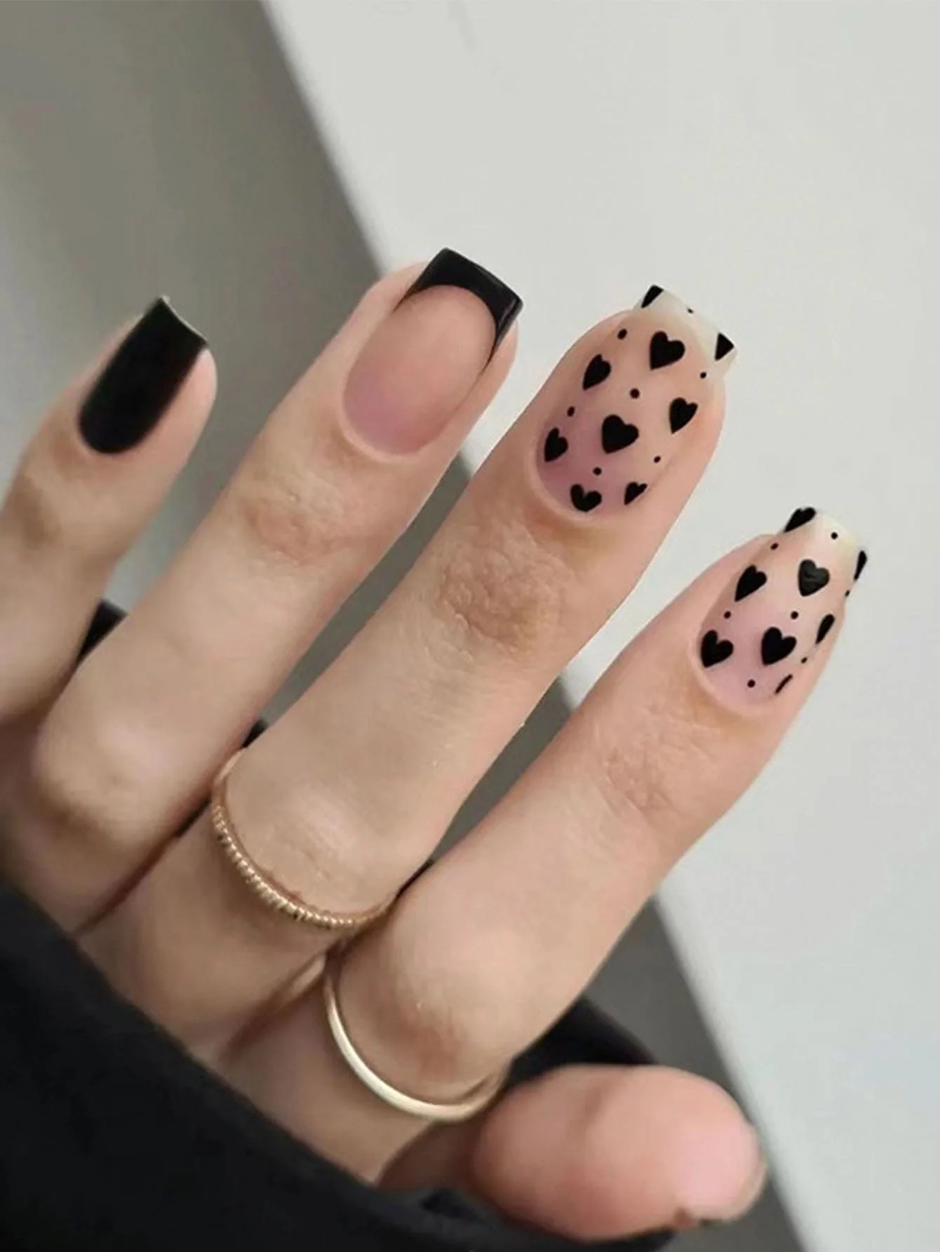 Manicura francesa con borde negro, corazón pequeño, 24 piezas, 1 pieza de Gel de gelatina y 1 Lima