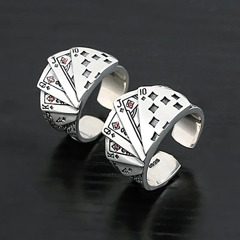 Vintage Punk Straight Flush Poker Opening Ring Exaggerated Playing Card Zircon Finger Ring Men Women Punk Hio Hop Couple Jewelry