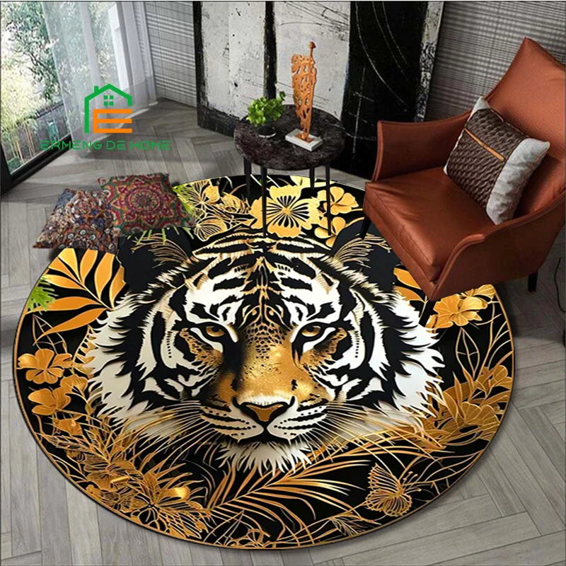 

3D Tiger Retro Printing Round Carpet Living Room Bedroom Beautiful Rugs Non -slip Door Pad Floor Mats Area Rug