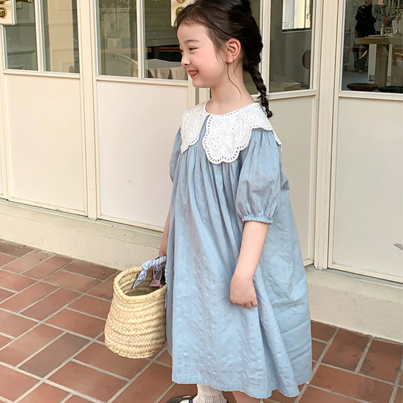 Girl's Sweet Dress Summer Children's Lace Lapel Casual Dress Baby Kids Dress Sweet and Elegant Temperament Princess Dress