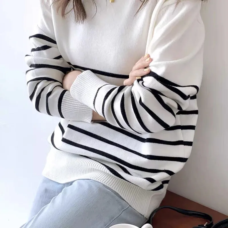 Autumn Striped Knitted Loose Large Size Sweater Wool Women Pullover Tops Long Sleeve Casual Cashmere Streetwear Female Spring