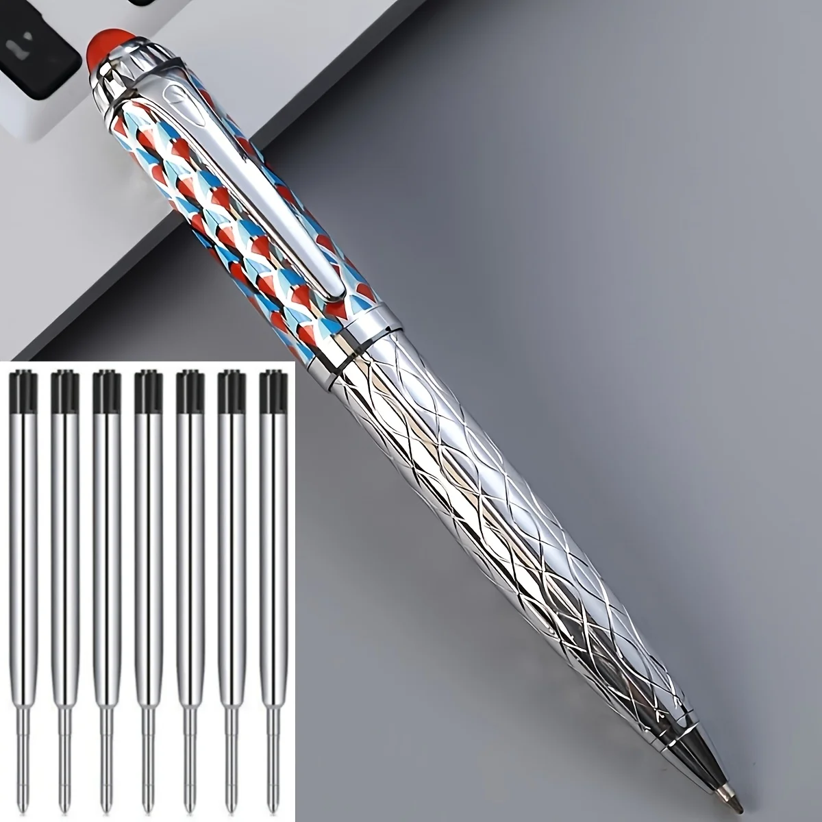 8-Piece Set, Signature Pen, Ballpoint Pen, 0.5mm Tip, High-End Quality, Exquisite Craftsmanship, Stainless Steel Material, Engraved Pen Body, Electroplating Process, Rotating and Retractable Design, Suitable for Students, Holiday Gifts, Back-To-School Season, Birthday Gifts, Christmas, Father's Day, Mother's Day, Teacher's Day, Thanksgiving, Daily Writing, Signing, Calligraphy, Art