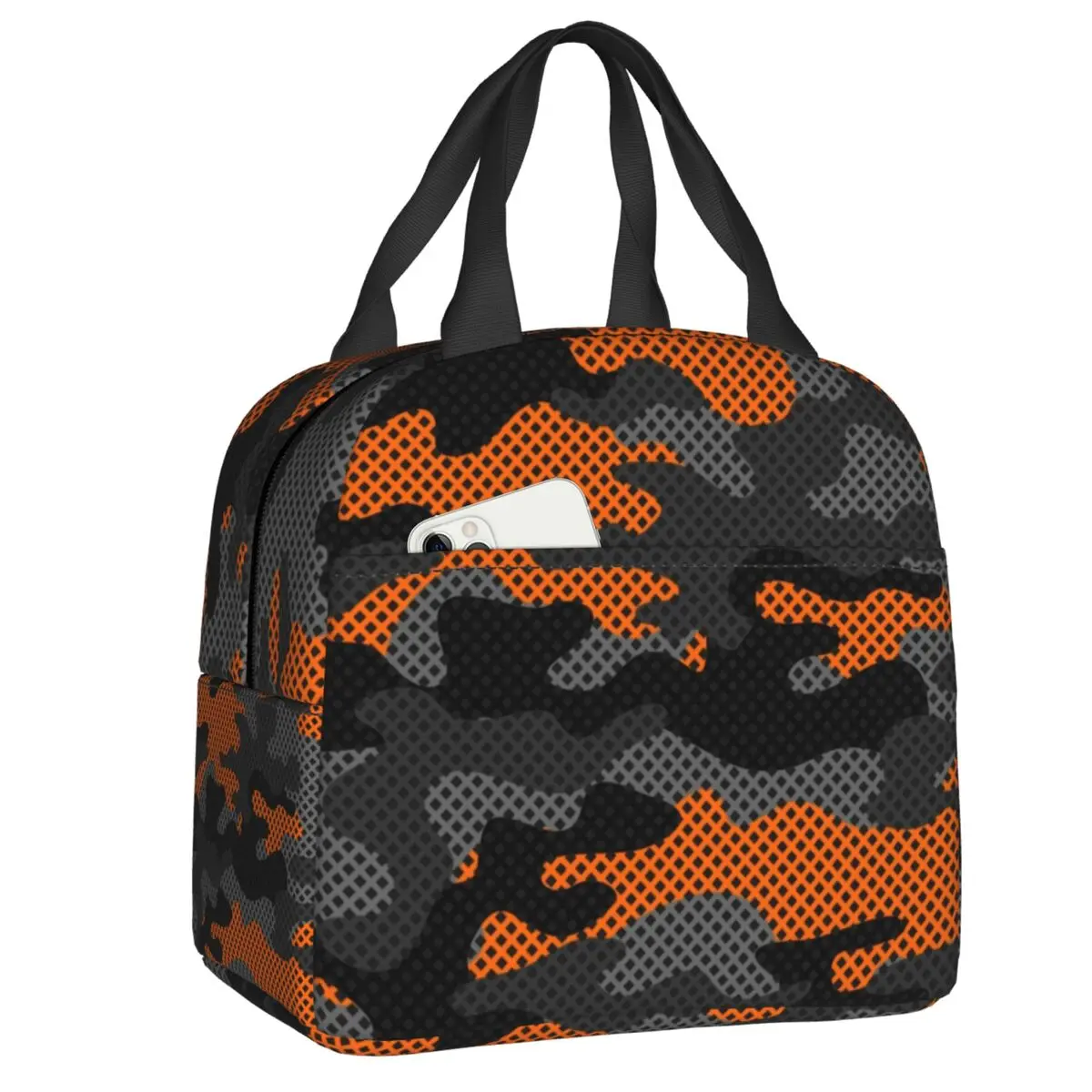 Custom Camouflage Dark Black Orange Camo Insulated Lunch Bag for Women Portable Cooler Thermal Lunch Tote Beach Camping Travel