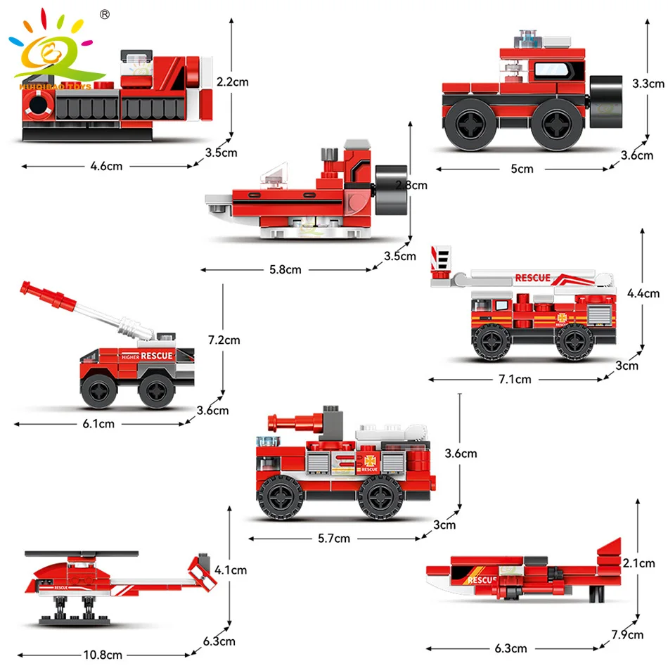 HUIQIBAO 327pcs 8in1 Fire Ladder Truck Building Blocks Firefighting Set Fireman Figure Bricks City Construction Toy for Children