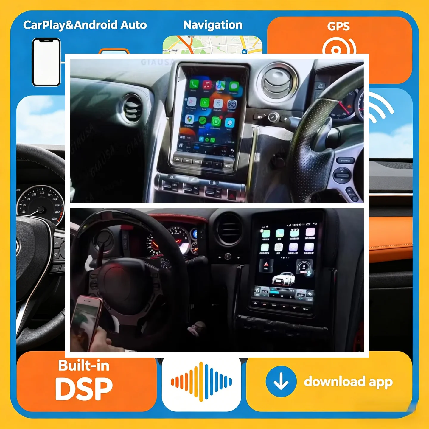 Ein 9,7-Zoll-Autoradio für Nissan GT-R GTR R35 2007-2017 mit Carplay, Android 14, Multimedia-Videoplayer, GPS-Navigation und DSP-Haupteinheit.