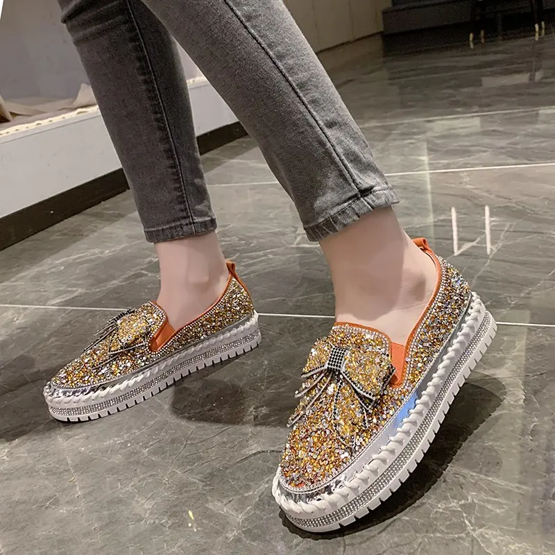 LazySeal Bling Sequine Upper Women Flat Heel Shoe Luxury Butterfly Street Style Casual Footwear Drop Shipping Flats Plus Size 44