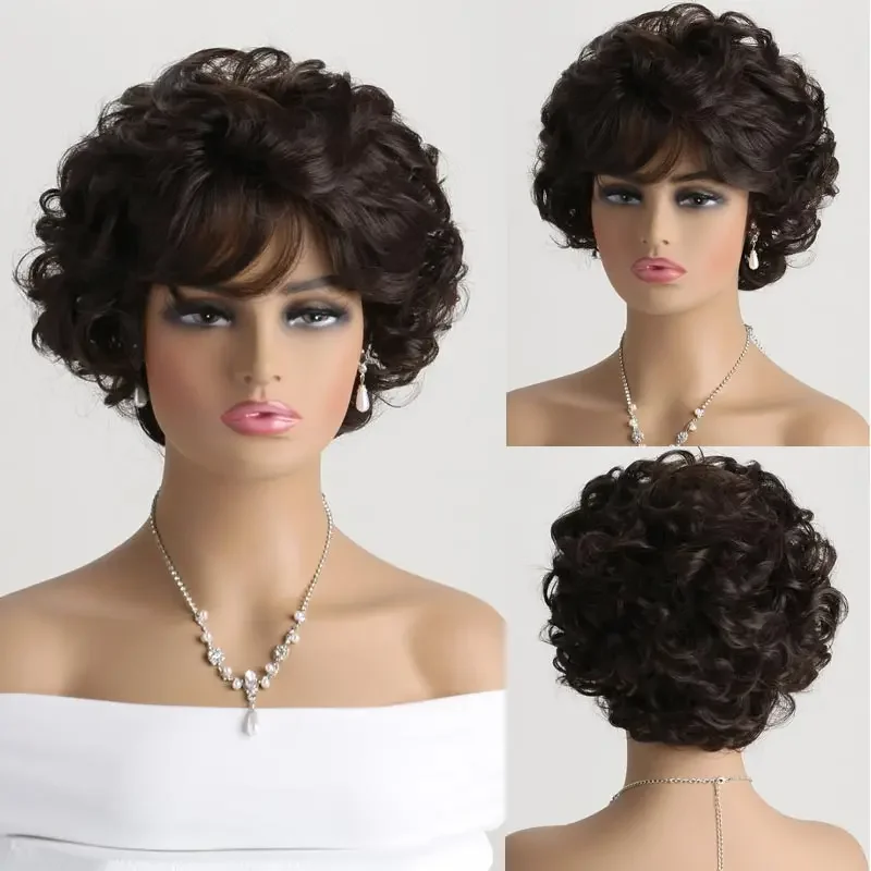 

Women's Fashion Brown Hair Heat Resistant Loose Wave Curly Wig with Bangs Fashion Curly Bob Hair Natural As Real Mommy Wig