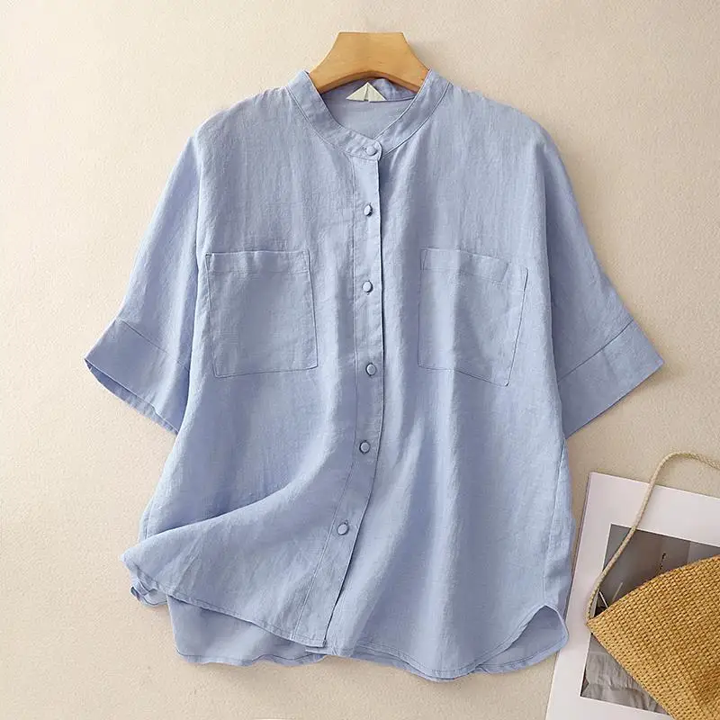 

New Arrival 2024 Summer Fashion Women Short Sleeve Loose Stand Collar Casual Shirts Double Pockets Cotton Linen Blouse Tops