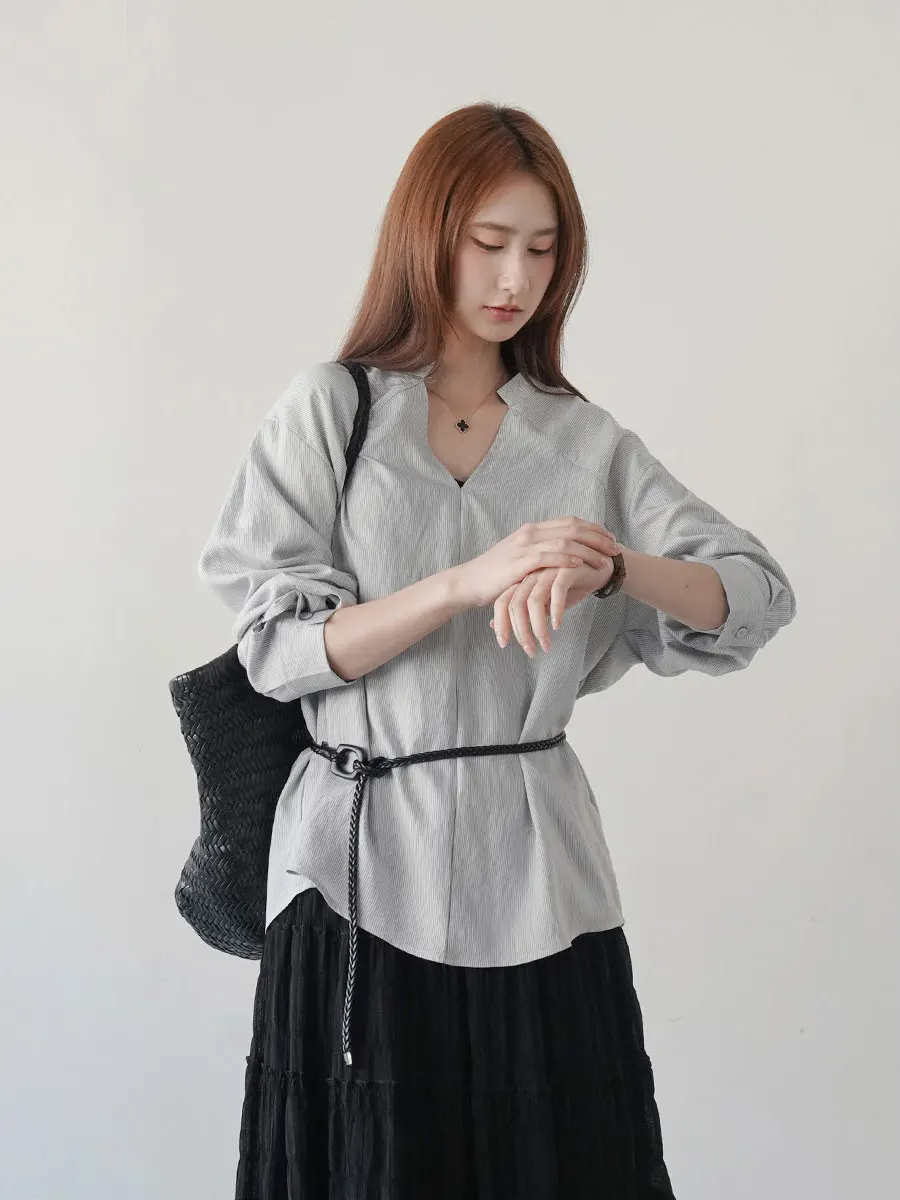 

Женская блузка с эффектом похудения, длинными рукавами и V-образным вырезом, в полоску, для ранней весны, удобная для повседневной носки, модный топ.