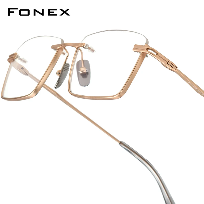 FONEX Titanium Eyeglasses Frame Men Brand Design Half-Rim Square Glasses Semi-Rimless Japanese Ultralight-Weight Eyewear DTX416