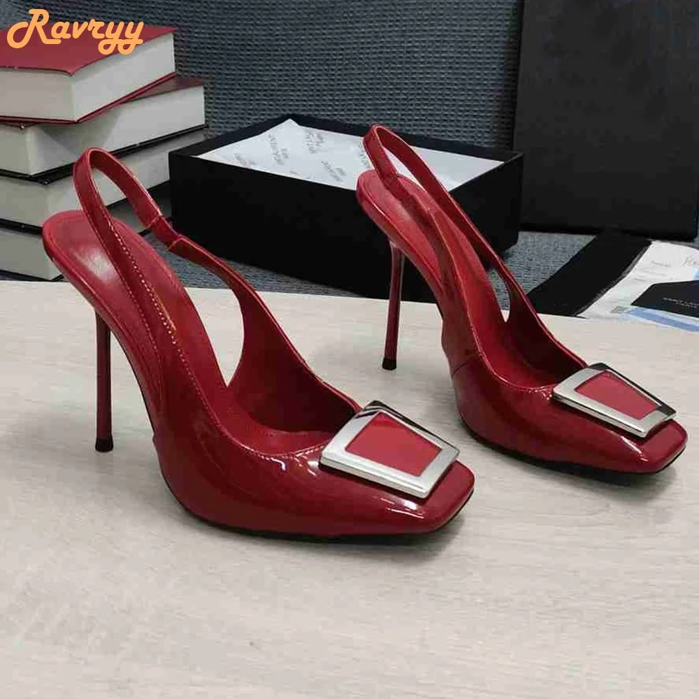 Metalowa kwadratowa klamra rubinowe sandały Slingback szpilki kryształowe błyszczące sandały czarne/niebieskie/czerwone Slip On Women Shoes Luxury