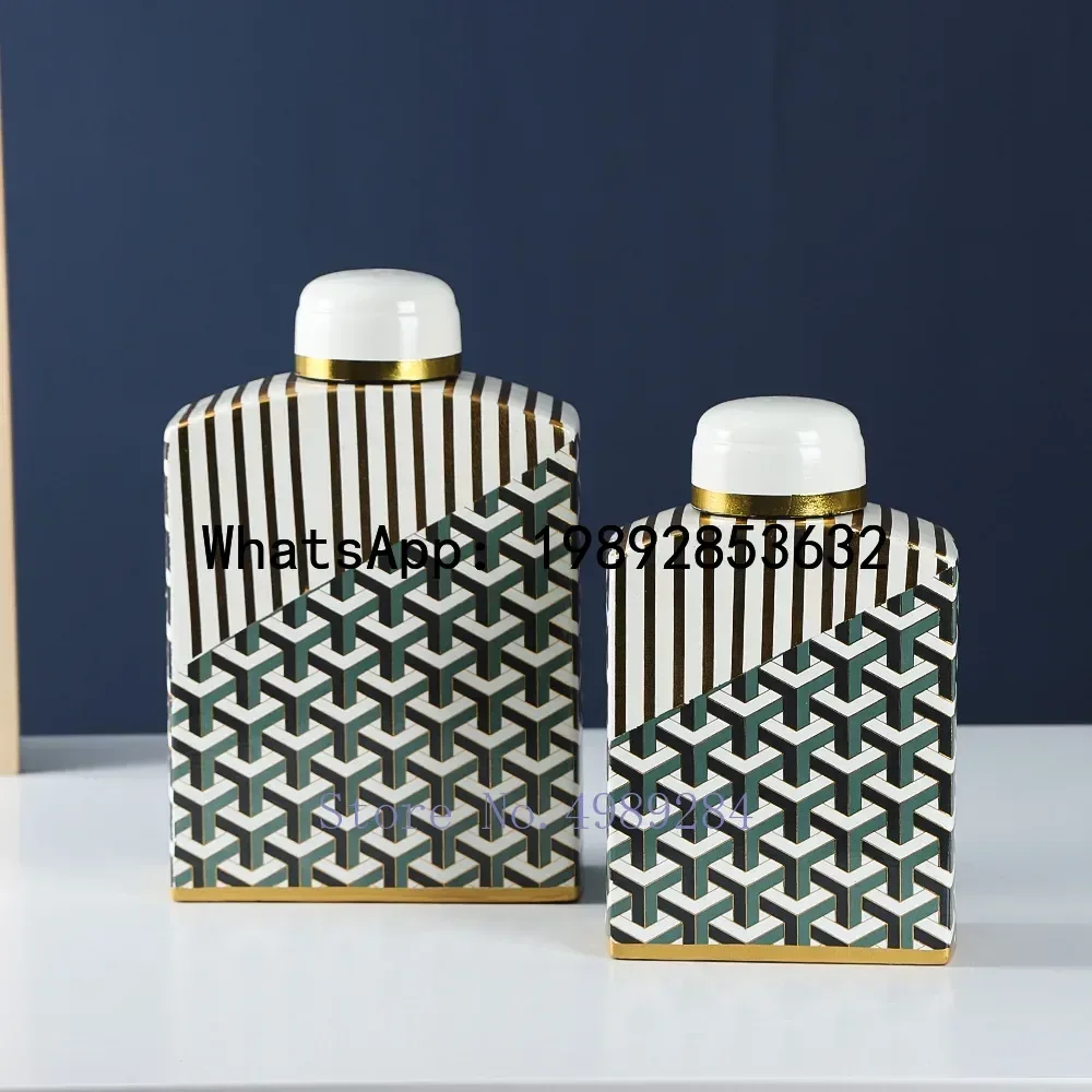 Ceramic Jar Square with Cover Vase Geometry Handicraft Furnishings Golden Retro Ceramic Decorative Jar Home Decoration Vases