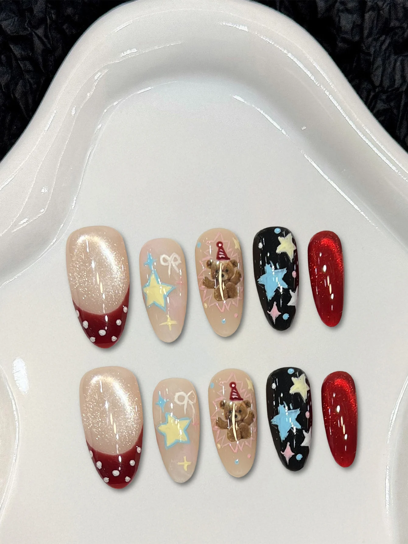 10pcs Hand Painted Pink Cat Eye False Nails Firework Heart Oval Shape Glitter Press On Nails Fashion Nail Art