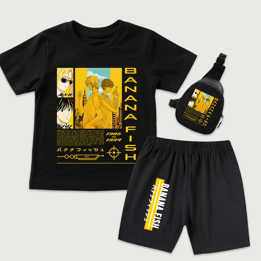 Banana Fish Anime Print Kids Boys Girls Clothing Set Cotton T Shirt Shorts with Mini Chest Bag 3 Piece Set Daily Wear