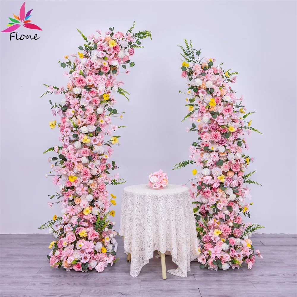 Flores Artificiales Decoration Mariage Welcome Area Pink Artificial Floral Arrangement Rose Eucalyptus Flower Row Decor H7.2ft