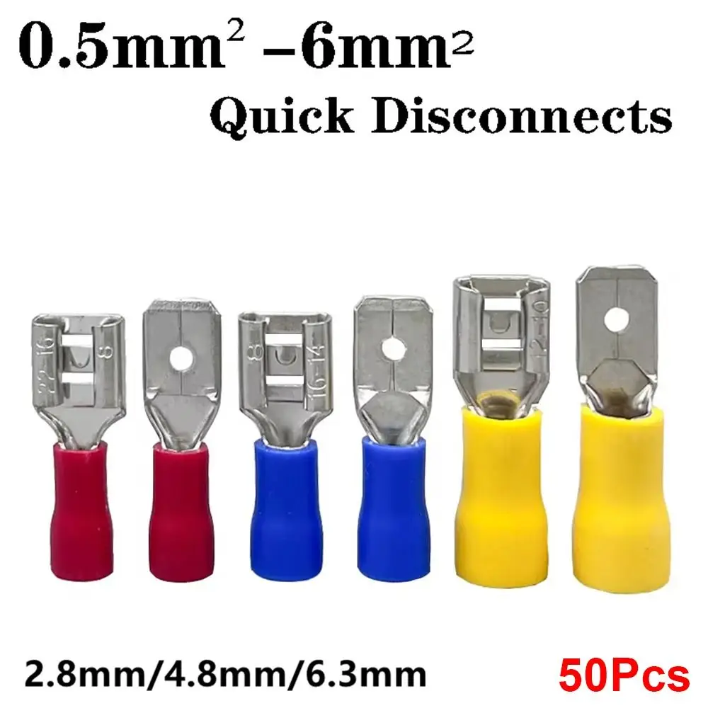 50Pcs 2.8/4.8/6.3mm Wire Connectors Insulated FDD/MDD1.25/2/5.5 Electrical Crimp Terminal Spade Female/Male Quick Disconnects