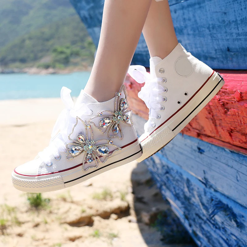 Women Casual Sneakers Fashion Big Bow Canvas Shoes Lady Rhinestone Brand High Top Flat Size 35-44