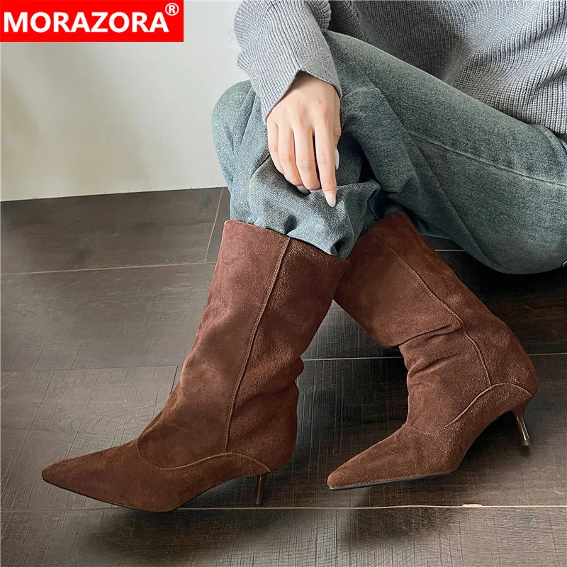 MORAZORA Size 34-43 New Cow Suede Leather Mid Calf Boots Women Shoes Pointed Toe Slip On Pleated High Heels Half Fashion Boots