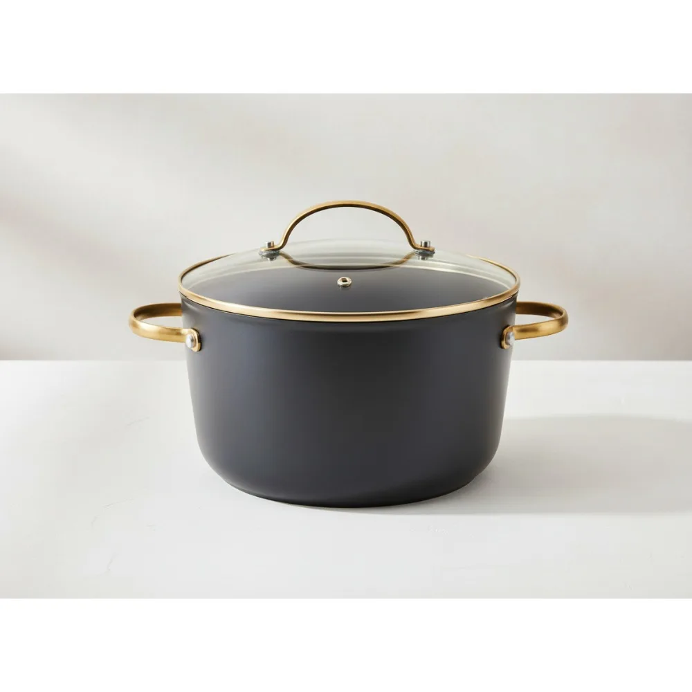 

6-литровая кованая индукционная керамическая кастрюля с антипригарным покрытием и крышкой, можно мыть в посудомоечной машине для всех плит — черное золото