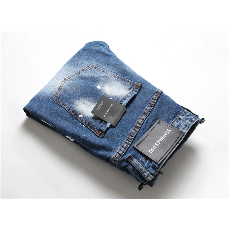 Calça Jeans de elástico com letra fina estampada masculina, tinta esfarrapada, calça apertada, jeans, starbags, DSQ, novo