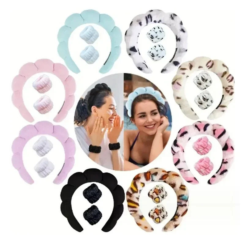 3PCS For Women Cuff Wristbands Puffy Sponge Hair Bands Waterproof Bands Absorbent Women Hair Accessories Set Wash Face Headbands